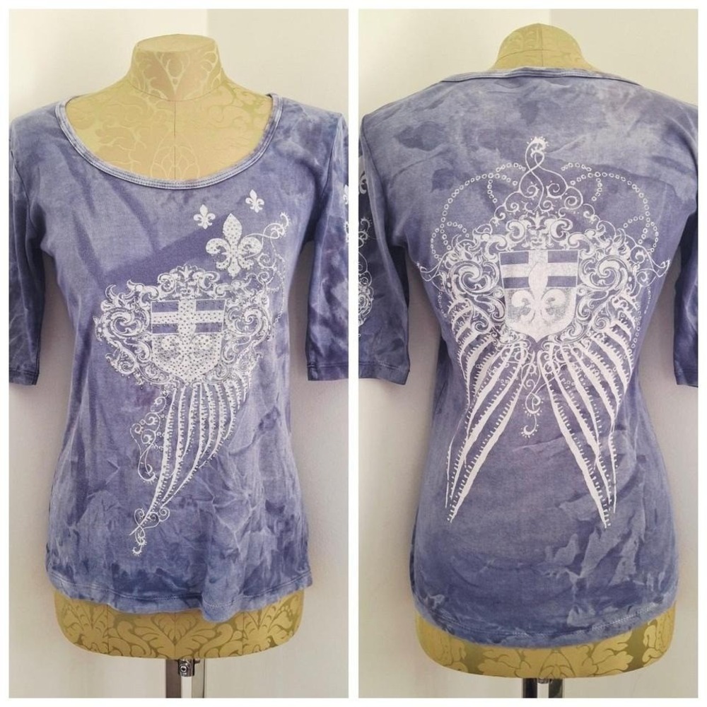 VTG Y2K SLEDGE USA Short‎ Sleeve Blue Tie Dye Embellished T-Shirt S Western Boho